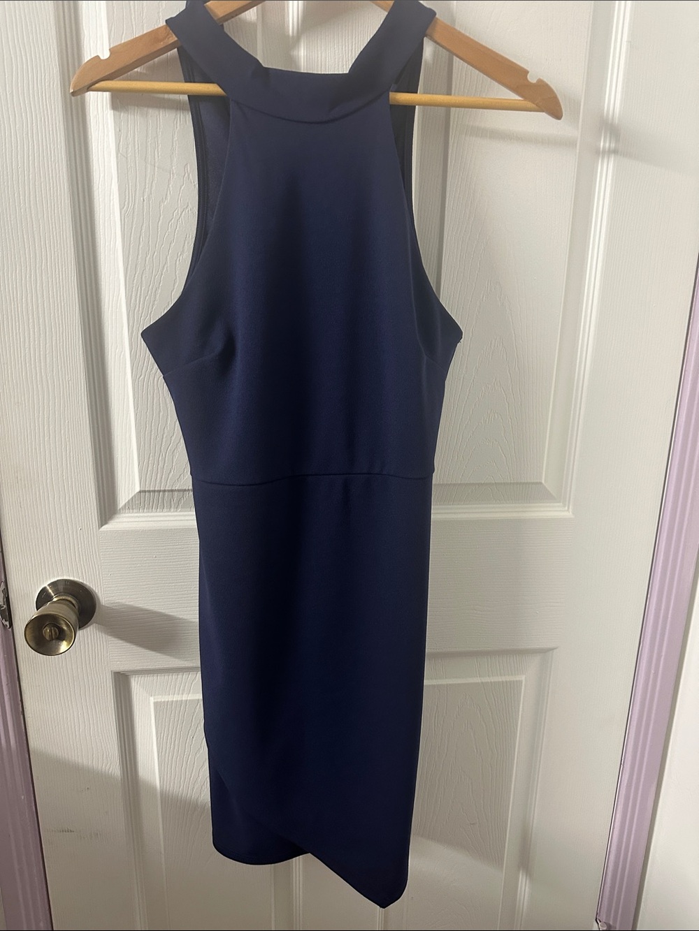 Sleeveless One-Shoulder Navy Sheath Dress